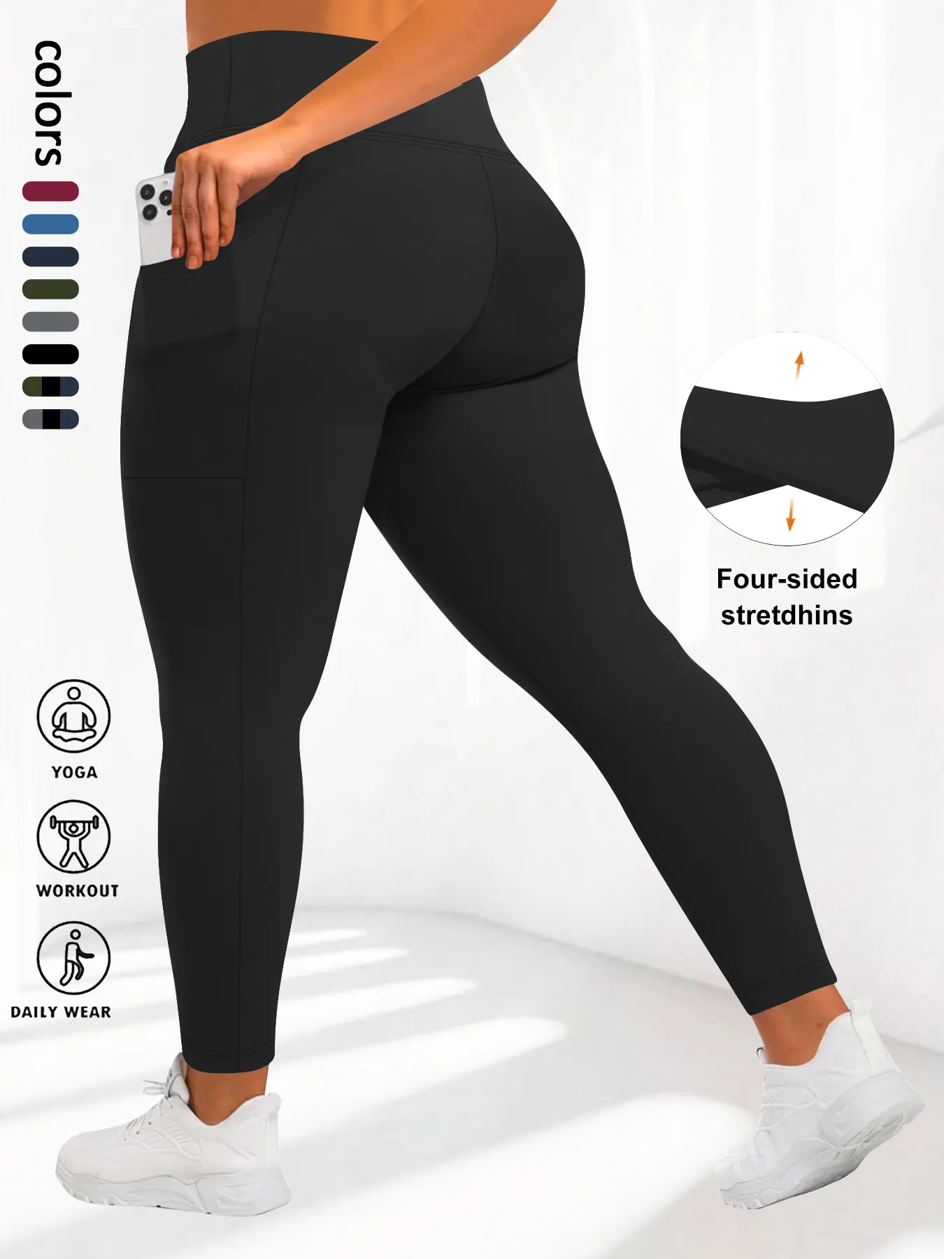 [Plus Size] Solid High Waist Pocket Leggings, High Stretch Legwear, Casual Comfy High Stretch Skinny Pants for Women, Women's Bottoms for Fall & Winter