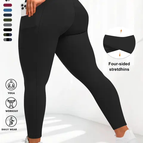 [Plus Size] Solid High Waist Pocket Leggings, Casual Comfy High Stretch Skinny Pants for Women, Women's Bottoms for Fall & Winter Clothing
