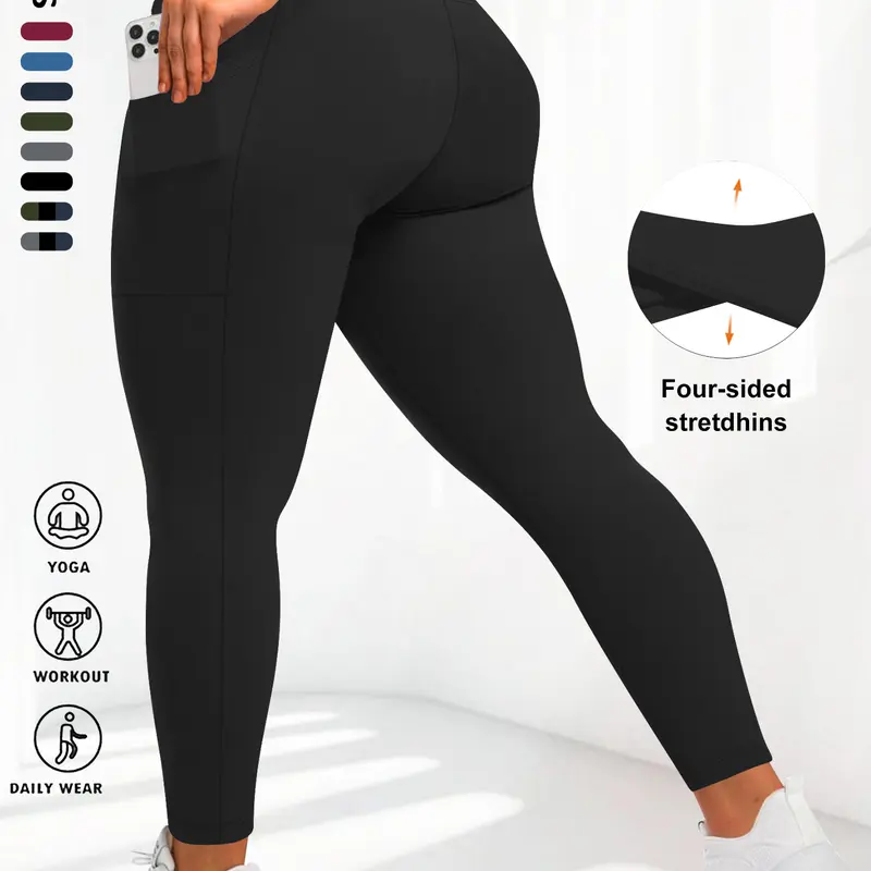 [Plus Size] Solid High Waist Pocket Leggings, Casual Comfy High Stretch Skinny Pants for Women, Women's Bottoms for Fall & Winter Clothing