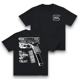 In Glock We Trust Vintage Graphic T-Shirt Black & White Streetwear Crewneck Casual Short Sleeve Tee for Men Plus Size Available Funny Gun Lover Print Y2K Retro Style