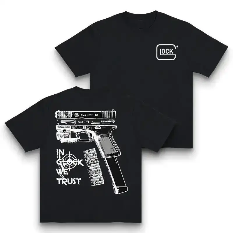 In Glock We Trust Vintage Graphic T-Shirt Black & White Streetwear Crewneck Casual Short Sleeve Tee for Men Plus Size Available Funny Gun Lover Print Y2K Retro Style