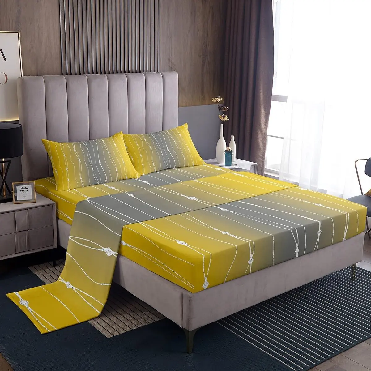 Yellow and Grey Ombre Sheets Aesthetic Gradient Bed Set,Abstract Geometric Stripes Sheet Set Colorful Watercolor Bed Sheets Set,Wave Line and Dots Bedding Set Microfiber