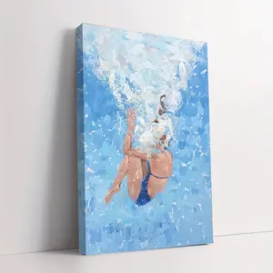 2D Flat, 1-Piece Framed Canvas Wall Art - Underwater Painting of a Swimming Girl, Teal and White, Textured Ocean Theme with Water Splash Print, Minimalist Bohemian Modern Style, Ready-to-Hang Framed Canvas (30x20 cm) Suitable for Living Room, Bedroom, 2D