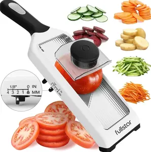 2-in-1 Handheld Mandoline Slicer for Kitchen - 4 Thickness Settings Vegetable Food Onion Slicer, Julienne Blade, Stainless Steel Guard, Easy to Use, Sharp Blades, Veggie Slicer & Fruit Cutter