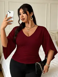 Plus Size Women's Casual Fitted Blouse Shirt Top, Casual Basic Top, Versatile French Style Vibe, Perfect for Plus Sizes, Fall & Winter Fashion, Comfortable and Stylish