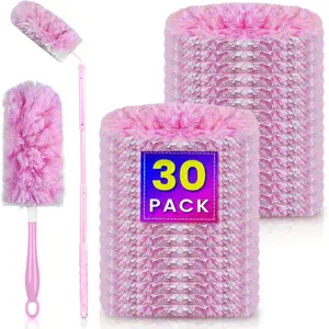 30 Count Heavy Duty Duster Compatible with Swiffer Duster, Disposable Microfiber Duster Refills with 1 Short Handle and 1 Extendable Handle Cleaning Light Pack Gloves
