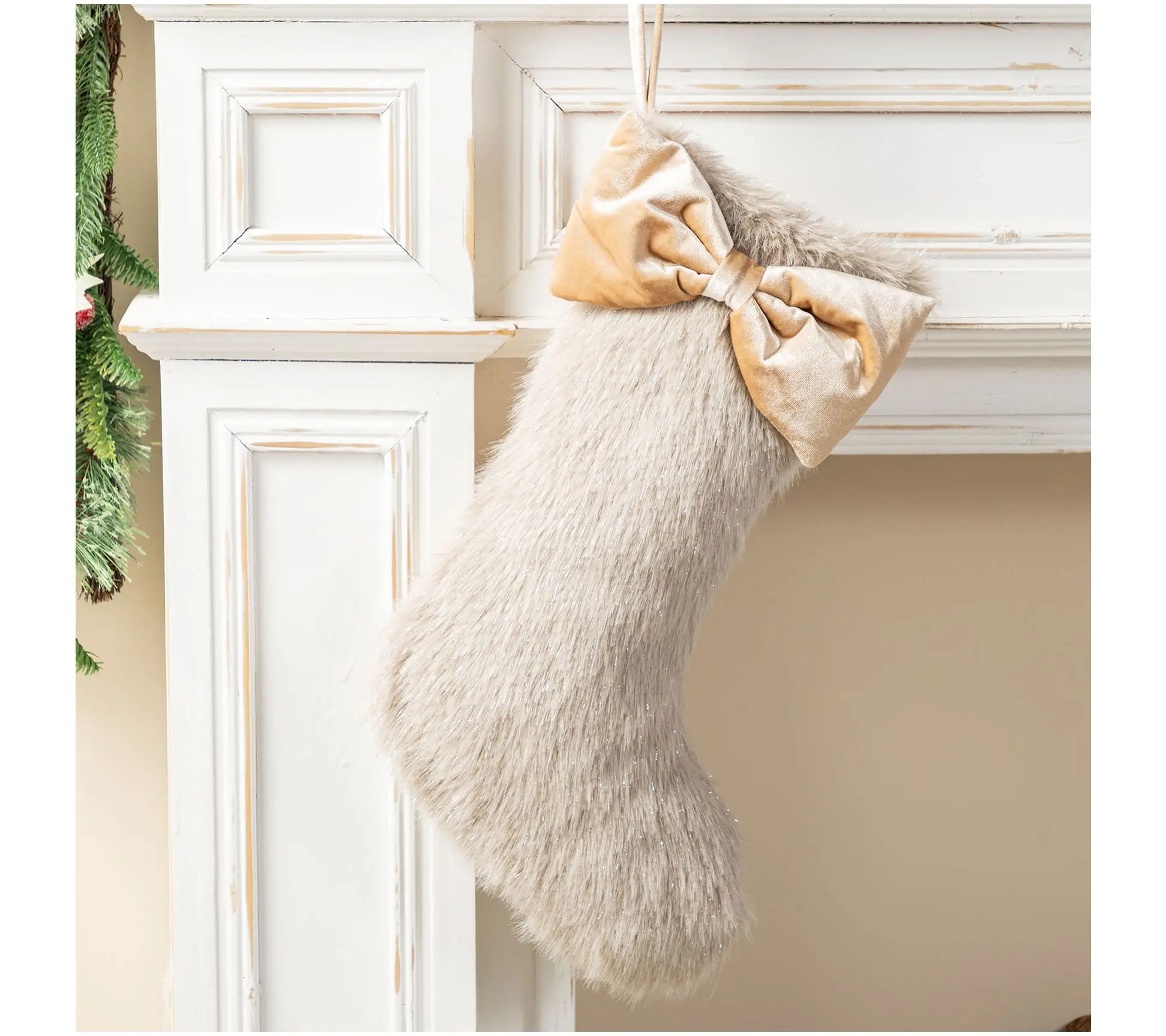 Glitzhome 21"L Faux Fox Fur Christmas Stockingwith Bow