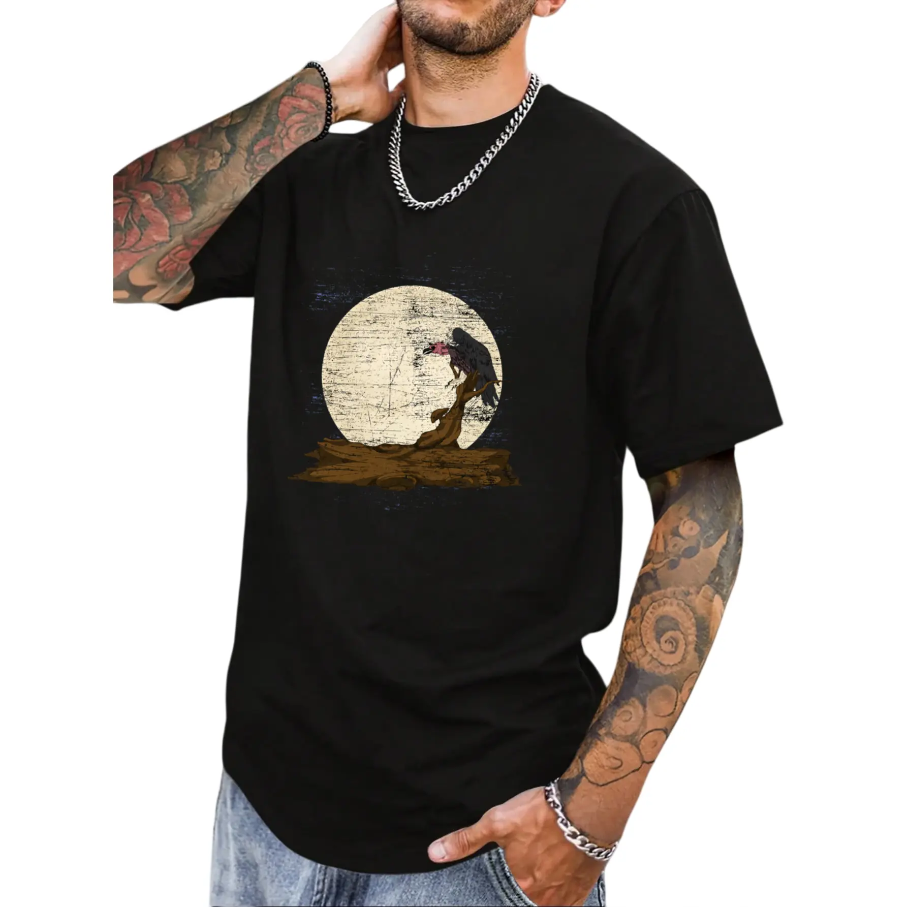 Scavenger Bird Moonlight Full Moon Turkey Vulture Vulture T-Shirt[Cool Design] Street Trending Style Women's Tee Comfortable Cotton Round Neck Shorts Same Gender Design and Sleeves Men's T Shirts