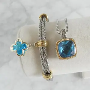 Turquoise 14k Gold Plated Two Toned Pendant Necklace and Cuff Bracelet