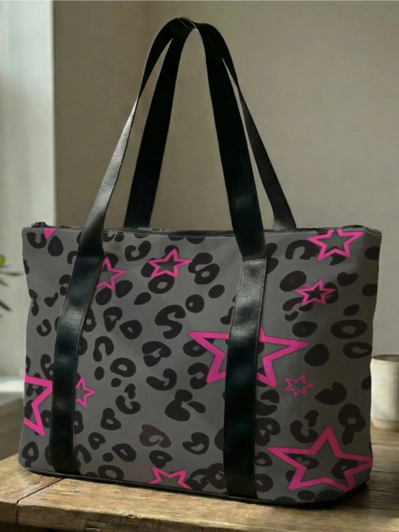 Leopard Heart Pattern Travel Bag, Large Capacity Travel Bag, Portable Overnight Bag, Fashion Travel Bag, Yoga Training Bag, Overnight Duffel Bag, Travel Duffle Bags