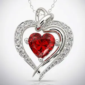925 Silver Heart Birthstone Necklace (July - Ruby)