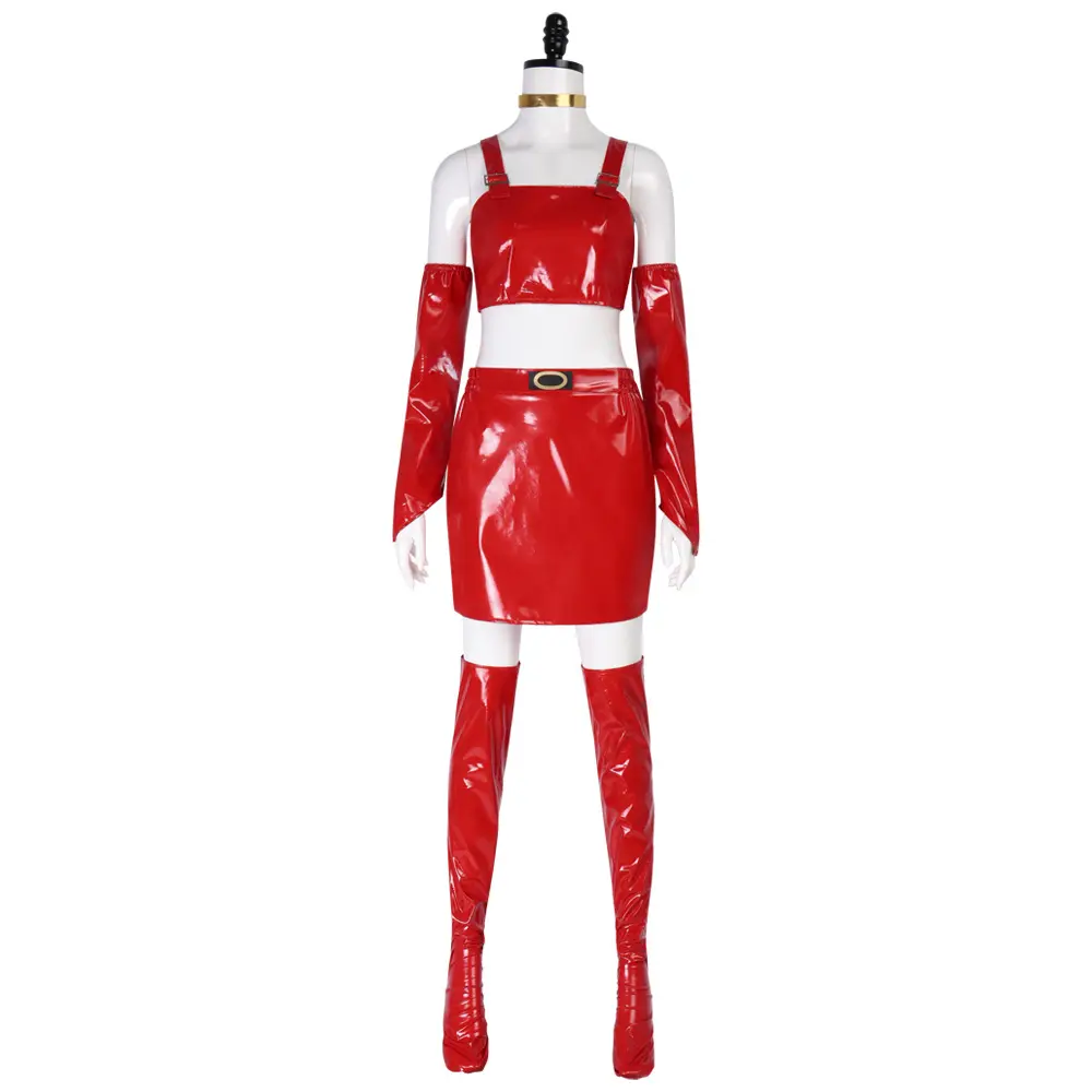 Women‘s Bulma Cosplay Costume Red Patent Leather Vest Skirt Hand Sleeves Stockings Set for Halloween