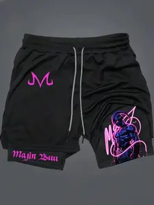 DRAGOON BALL Print 2 in 1 Drawstring Waist Shorts,Quick Dry Swim Trunk,Majin Buu Loose Casual Pocket Track Shorts for Summer,Workout Clothes,Activewear,Casual Athletic Sport Short,Breathable Printed Shorts