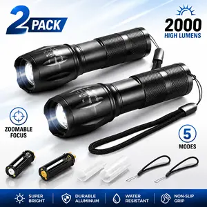2 Pack Flashlights 2000 High Lumens LED Flashlight Set with 5 Modes Adjustable Focus Zoomable Beam Handheld Tactical Light for Camping Emergency Power Outage Hiking Home Car Outdoor Use