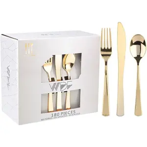 180 Pieces Disposable Plastic Gold Silverware Cutlery-Disposable Flatware Set 60 Forks, 60 Knives and 60 Spoons - Heavy Duty Gold Plastic Cutlery - Utensils for Party, Wedding