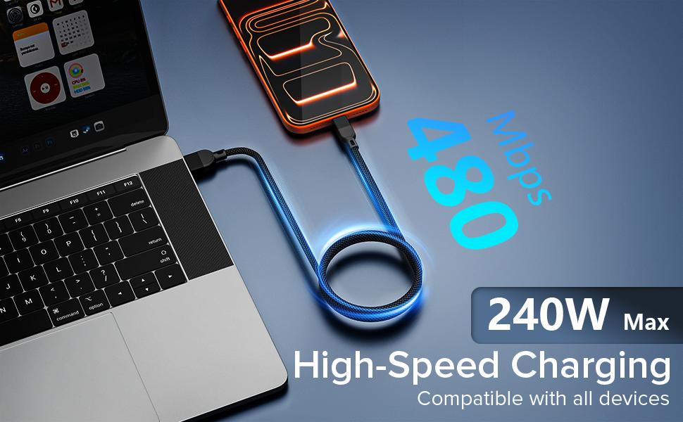 【2026 UPGRATED】Czlife Pro USB-C to USB-C Cable, Magnetic Type-C Fast Charging Cable, Magnetic Car Charging Cable, Compatible with iPhone 17 Pro Max, MacBook Pro 15, Galaxy S21/S20 Ultra, 240W Power, 4 Feet/1.2 Meter Length