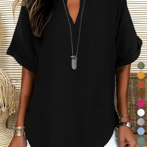 【Black Friday】Elegant Minimalist Polyester V Neck Loose Fit Short Sleeve Blouse for Women, 100% Polyester, Regular Length, Casual Everyday Weekend Top #GLOBAL PICKS