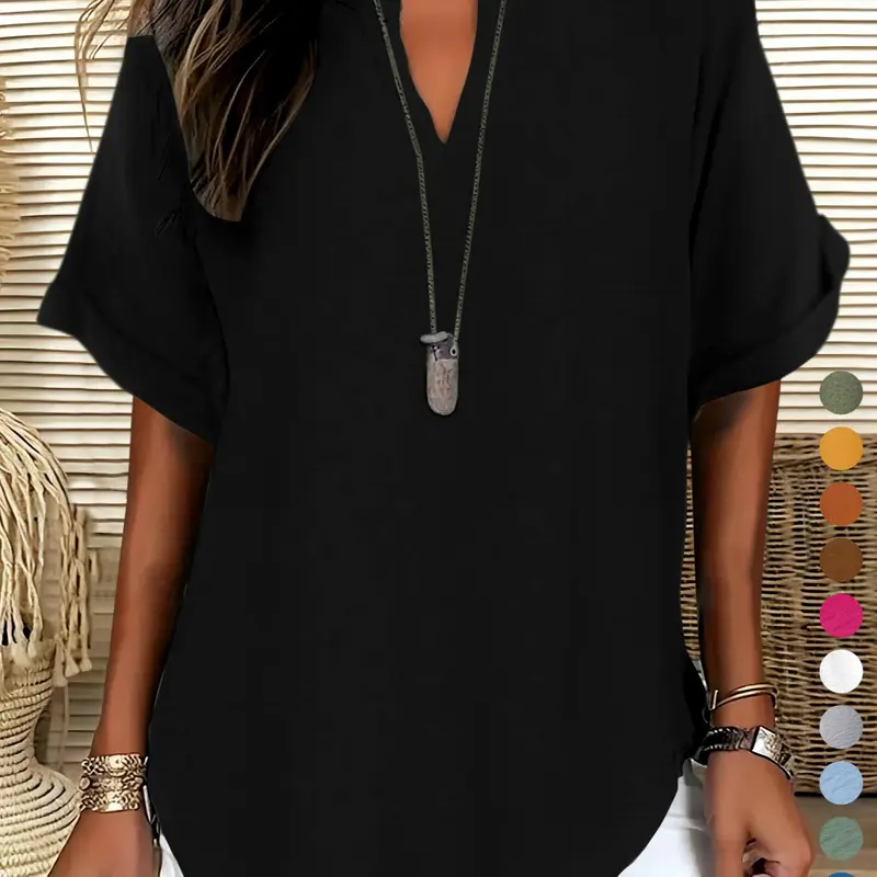 【Black Friday】Elegant Minimalist Polyester V Neck Loose Fit Short Sleeve Blouse for Women, 100% Polyester, Regular Length, Casual Everyday Weekend Top #GLOBAL PICKS