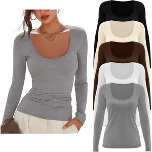 5 Pack Women's Scoop Neck Tops Long Sleeve Slim Fit T Shirt Basic Tunic Tops Casual Fall Layer Undershirts Tees
