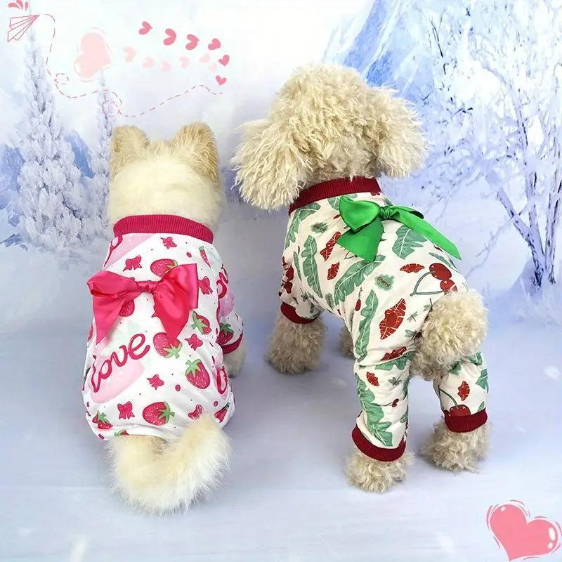 Cartoon Print Bow Decor Pet Onesie, 4-leg Breathable Comfortable Pet Clothes for Small Medium Dogs, Cute Pet Clothes for Spring & Summer