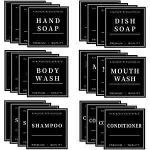 Labels for Glass Bottles, Hand Soap Shampoo and Conditioner Label Stickers , Black PVC Self-Adhesive Labels for Bathroom Soap Dispenser (24PCS)