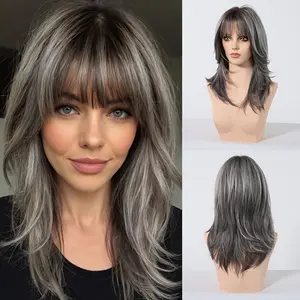 [Curly Synthetic Wig] 18-Inch Curly Wig with Highlights and Bangs - Dark Roots to Light Tips Synthetic Hair - Women's Daily or Special Occasion Wig