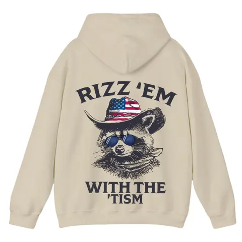 Rizz 'Em With The 'Tism Hoodie - Funny Raccoon Cowboy Graphic Pullover, Unisex Streetwear Aesthetic, Trendy Thermal Hoodie for Men and Women