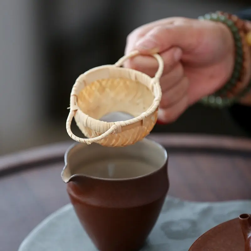 Double-eared bamboo tea strainer tea filter pure hand-woven integrated tea strainer tea set net tea brewing