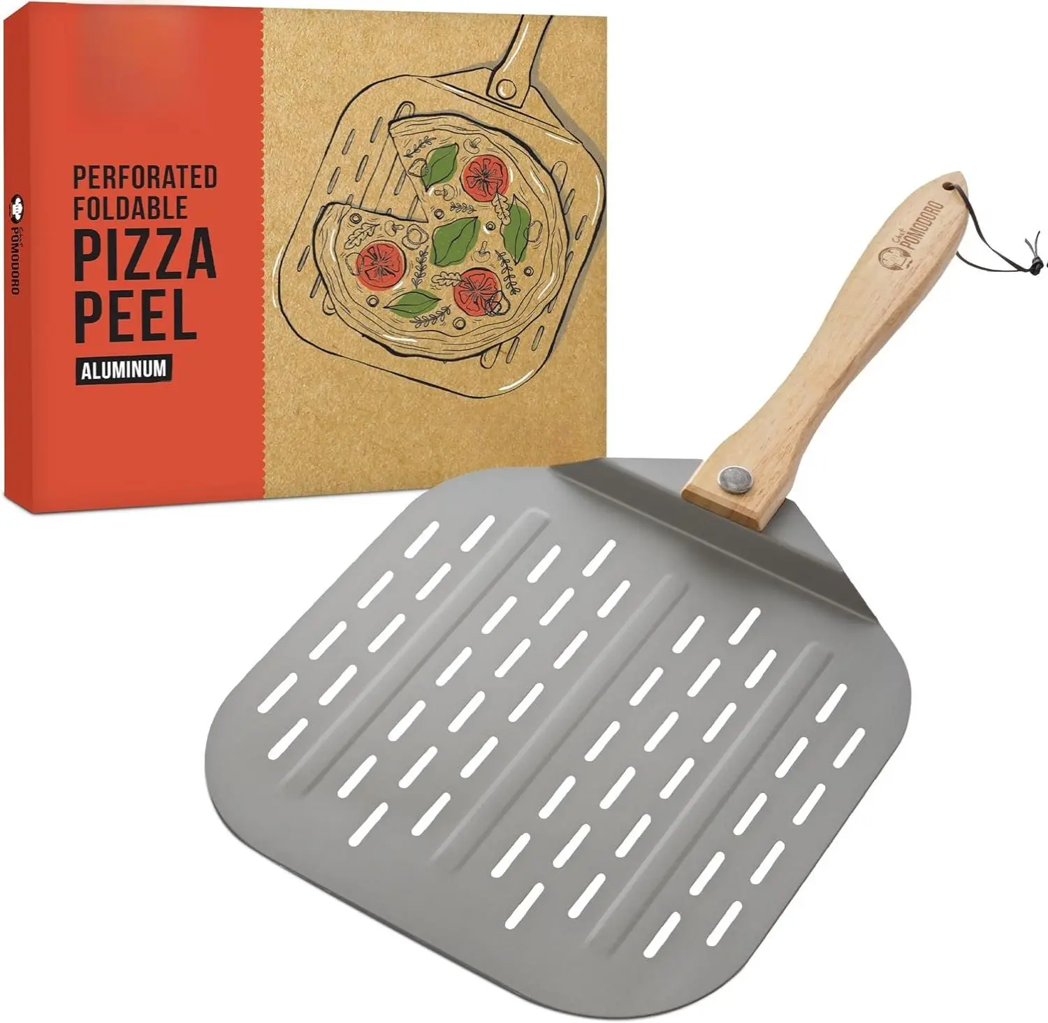 Chef Pomodoro Perforated Aluminum Metal Pizza Peel with Foldable Wood Handle for Easy Storage, Premium Pizza Paddle with Holes for Baking Homemade Pizza and Artisan Breads (12 inch)