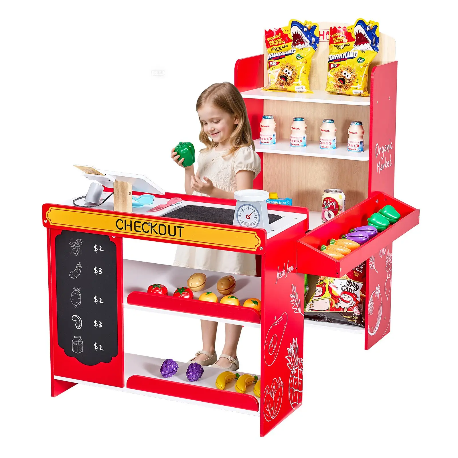 VEVOR Kids Grocery Store Playset, Wooden Play Store with Shopping Bag, Kids Supermarket Pretend Play Toy Set with Conveyor Belt, Scanner, Cash Register, Realistic Scale, Gift for Boys Girls