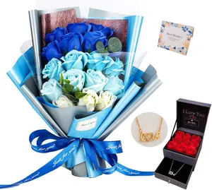 Roses Bouquet Artificial Flower - Preserved Blue Rose  with Love Necklace for Her -  Gifts Valentine's Day, Mother's Day, Thanksgiving, Birthday, Anniversary