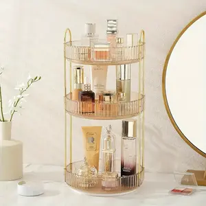 Dresser 360 Swivel Makeup Organizer 3 Tier Golden-Toned Shelves Bathroom Countertop Perfume Cosmetic Storage Rack Vanity Accessory Boxes 360° Rotating Design Maximize Space Stylish Accessory