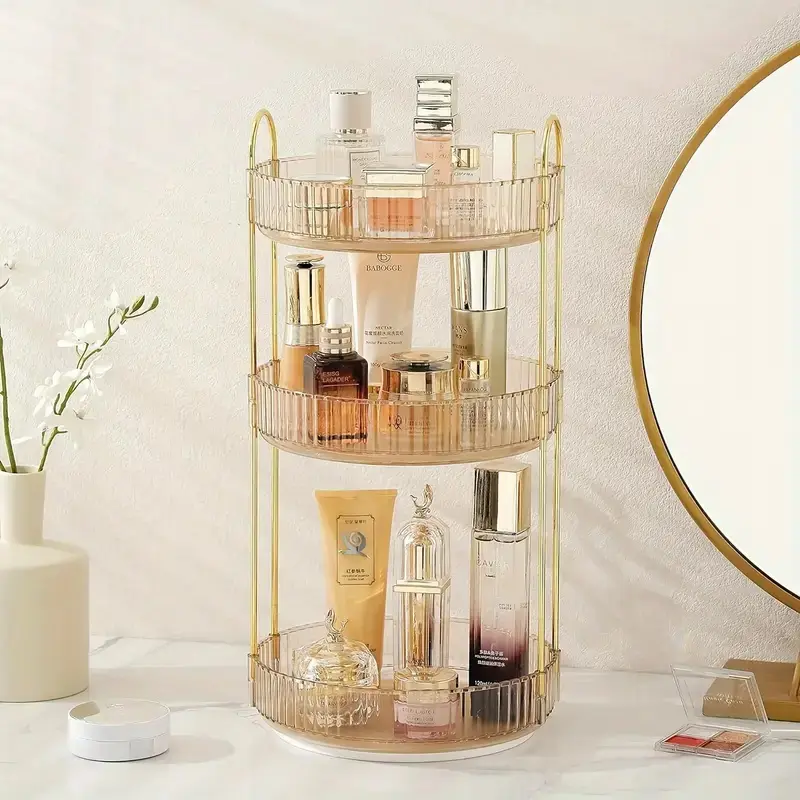 Golden-Toned Clip-On Round 3-Tier Bathroom Organizer - 360-Degree Rotatable Compartmentalized Vanity Organization Accessory, Multilayer Storage French Country Style Makeup Organizer for Countertops