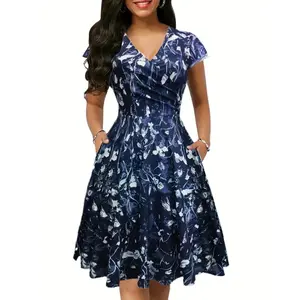 [KnitConstruction]ElegantFloralMidiDressforWomenwithPockets-ChicV-Neck&FlutterSleeves,StretchyPolyesterBlend,MachineWashable,PerfectforSpring/Summer