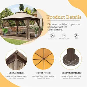 10x13 Outdoor Gazebo with Double Roof & Zippered Mosquito Net – Waterproof Patio Canopy Tent for Backyard, Deck, or Garden (Khaki)
