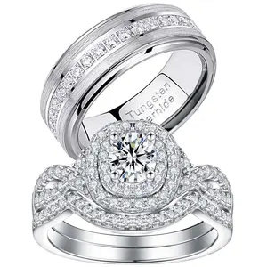 Couple Rings White Gold Plated 925 Sterling Silver Ring 1CT AAAAA CZ Women Wedding Ring Sets Men Wedding Band