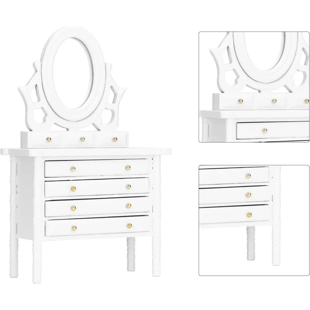 1:12 Scale Dollhouse Toilet Table, Elegant Makeup Miniature Dressing Table with Mirror (White)