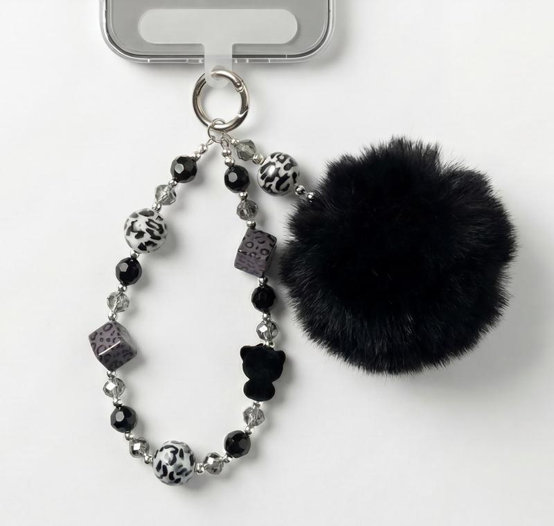 Minimalist Phone Charm Strap with Beads & Plush Pom – Cute Wrist Lanyard Keychain for Phone Case, Stylish Daily Accessory