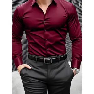 Classic Design Men's Solid Burgundy Shirt - Long Sleeve, Skinny Fit, Lapel Collar, Polyester Fashion Top for Formal Wear, XG243697