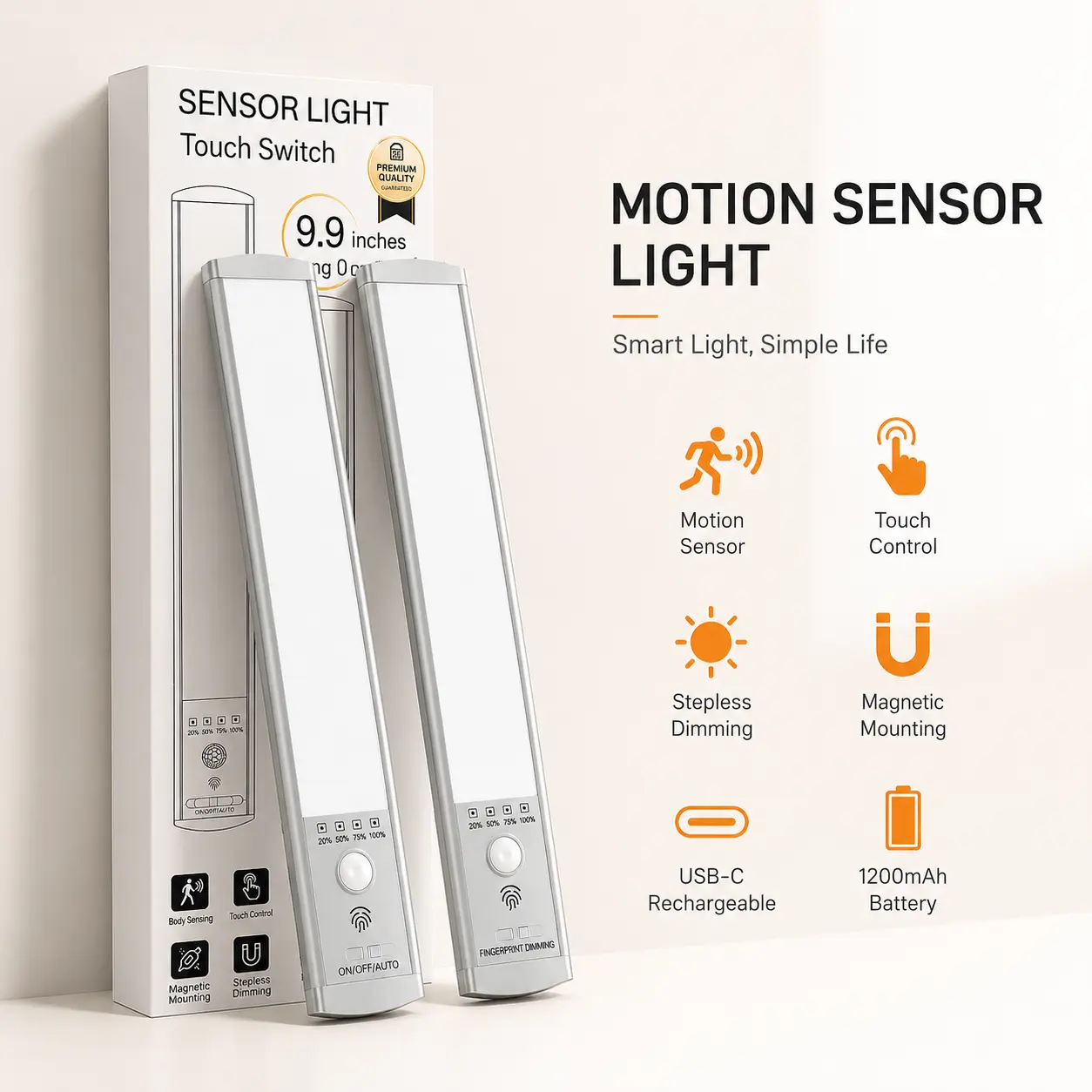 LED Motion Sensor Light Bar - Magnetic Under Cabinet Lighting, 3-Color Dimmable, USB Rechargeable, Touch Control, Wireless Home Goods, Apartment Accessories for Closet, Bedroom, Camping Gear