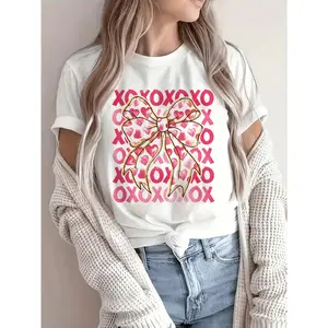 Women's Casual Valentine's Day T-Shirt - XOXO Bow & Hearts Print, Breathable Round Neck Short Sleeve Top, Machine Washable Regular Fit for Everyday & Romantic Occasions