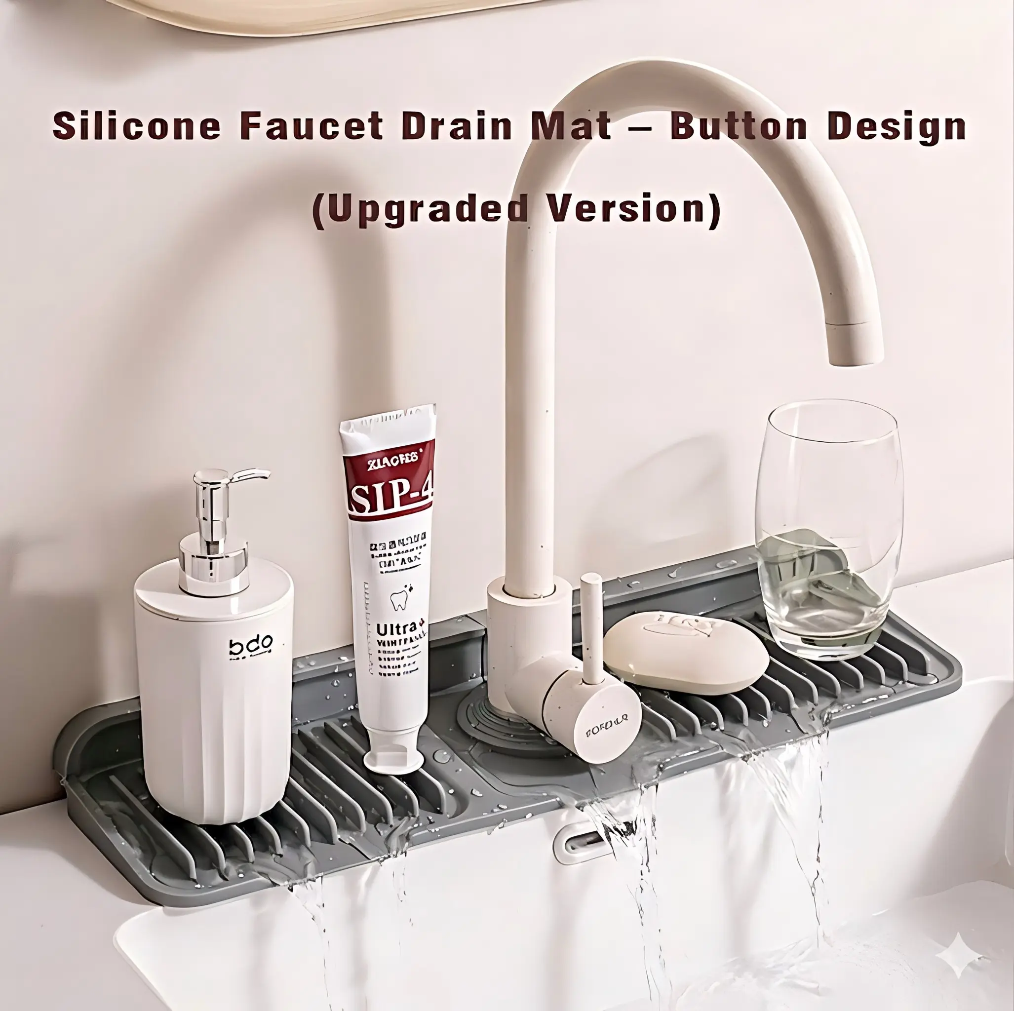 Silicone Sloped Self-Draining Faucet Mat - Household Items with Automatic Sloped Drainage, Adjustable Center Hole, Mildew-Proof, Moisture Resistant, Flexible Splash Guard, Modern Grey, Easy to Clean Tray for Sink, Soap, Sponge