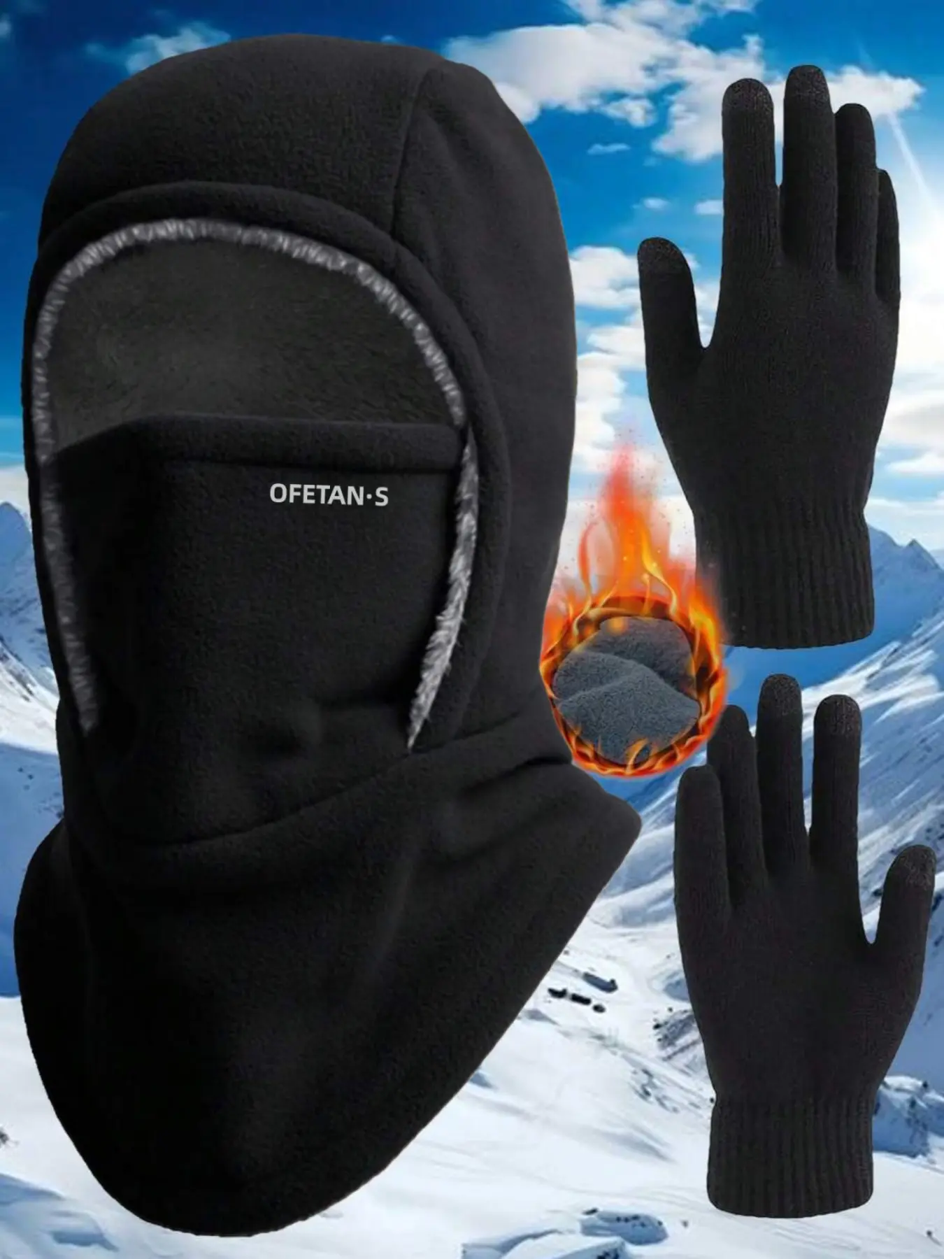 2pcs Winter Warm One Piece Hat and gloves, Full Balaclava Hat,Neck Mask Ear Protection One Piece, Style Fits Face, Thick Material,No Air Leakage, Suitable for Winter Cycling, Running, Skiing, Fishing, Outdoor Sports and Work, Unisex