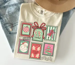 Teacher Christmas Stamp Shirt Holiday Teacher Xmas Party Comfort Colors T-Shirt Funny Trendy Cute Coquette Preppy Bow School Retro Tee Gift
