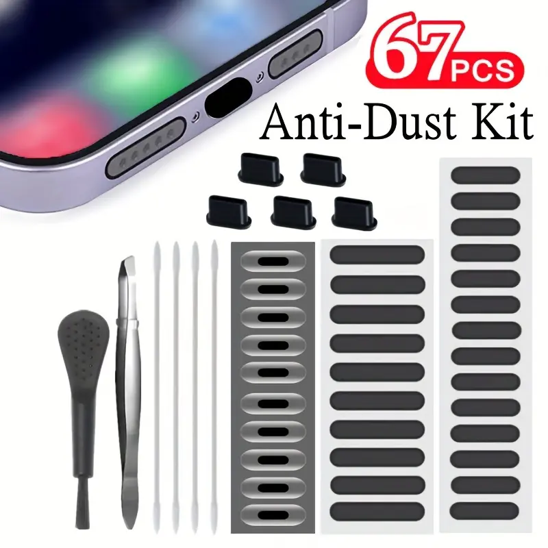 67pcs Universal Plug Set for Smartphone, Type-C Charging Port & Lightning Charging Port Speaker Protectors, Dust Mesh Stickers, Durable, Soft & Elastic Material, Cleaning Brush Kit for Phone & Earphone Maintenance