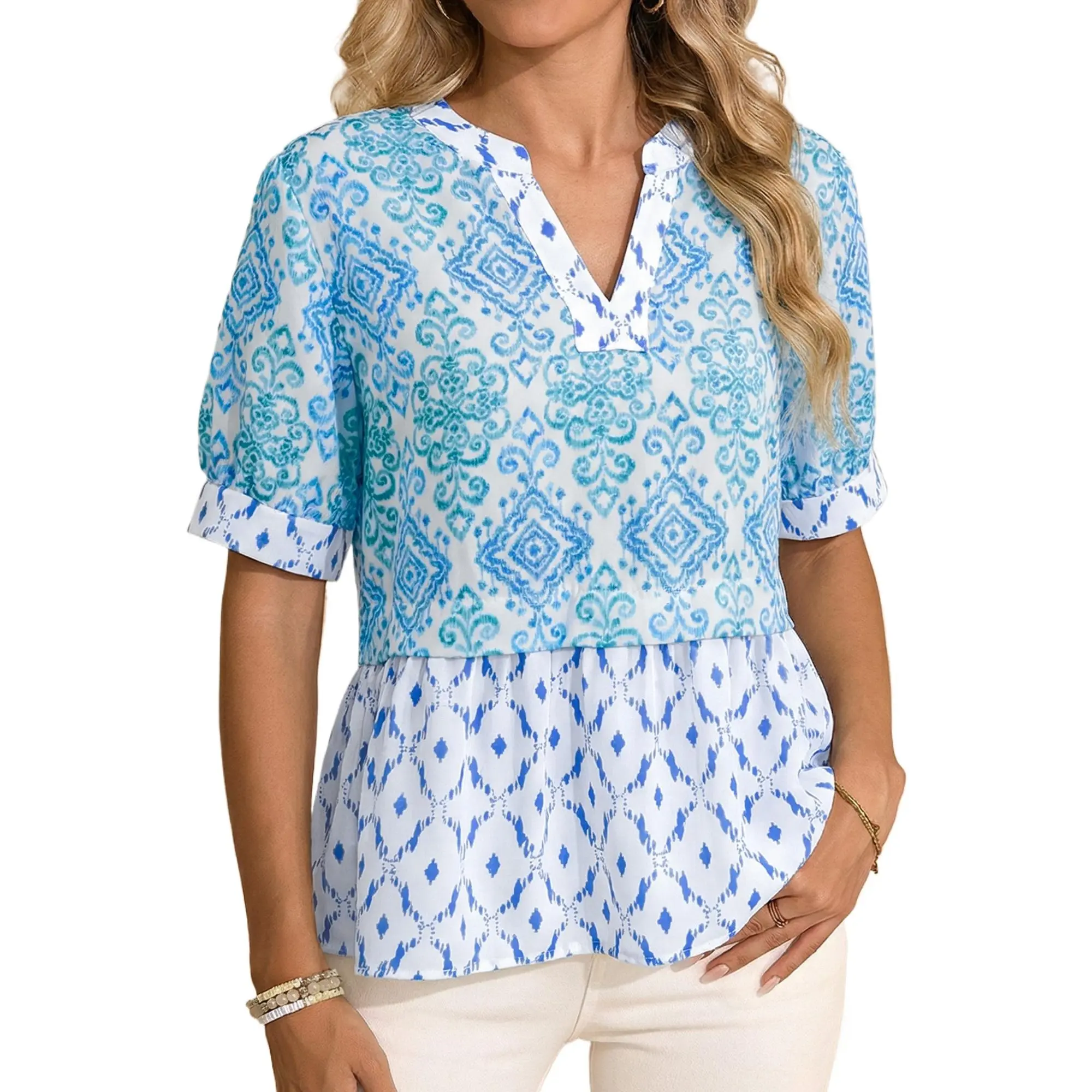 Women's Sky Blue Boho Floral Blouse – Geometric Patchwork V-Neck Flowy Shift Top with Puff Sleeves
