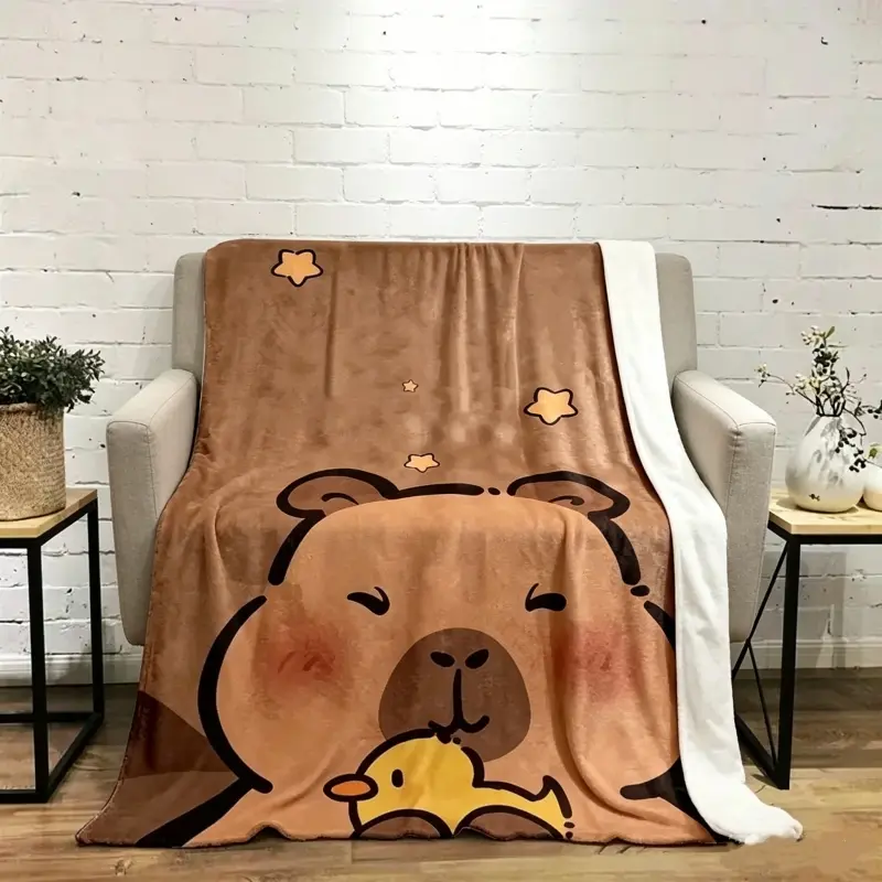 Cute Kawaii Capybara with Little Yellow Duck & Star Print Brown Flannel Throw Blanket, Cartoon Capybara Animal Bed Blanket for Sofa Bedroom Decor, All Season Soft Cozy Nap Gift Blanket for Capybara Lovers