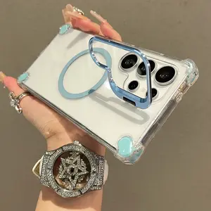 Transparent magnetic metal lens holder with integrated four corner airbag shock-absorbing phone case suitable for Samsung s25ultra s24S S23 s22uitra Plus compatible with Magsafe wireless charging male and female acrylic protective case