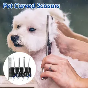 7-in-1 Professional Stainless Steel Pet Grooming Scissors with Safety Rounded Tips and Titanium Coating; Includes Straight Scissors, Thinning Shears, Curved Scissors, and A Comb; A Grooming Set Suitable for Dogs, Poodle, Cats, and Other Animals