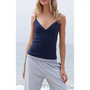 John Galt Women's Navy Tiffany Lace Trim Tank Top